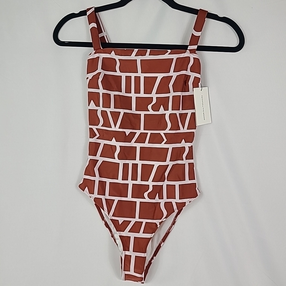 $180 NWT Faithfull the Brand La Barca One Piece Swimsuit Brown White Sz US 4